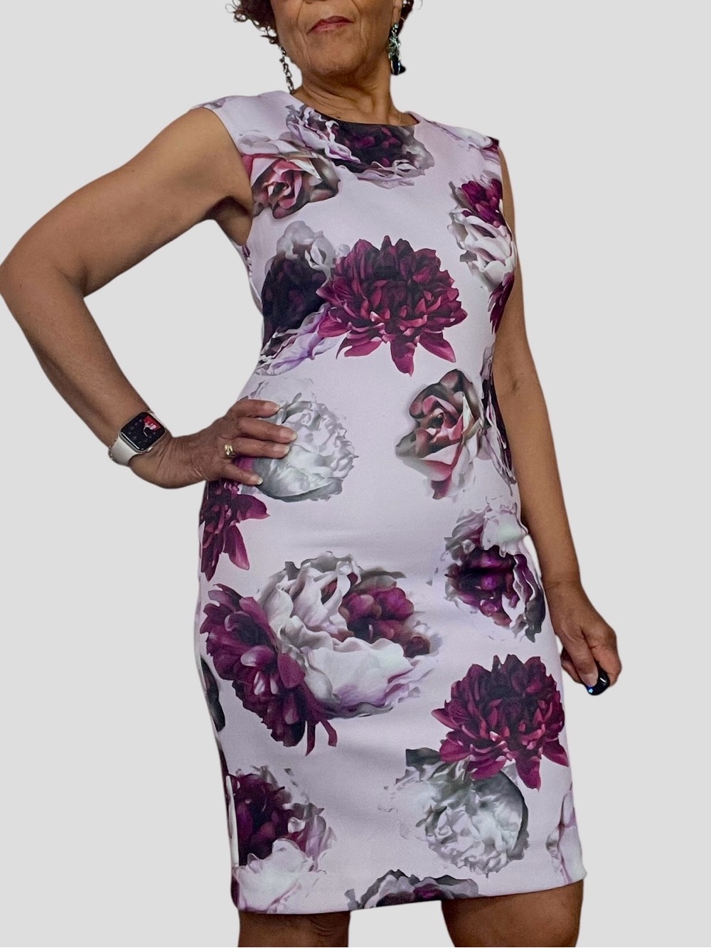T Tahari Scuba Floral Sheath Midi Dress in Lavender and Berry
